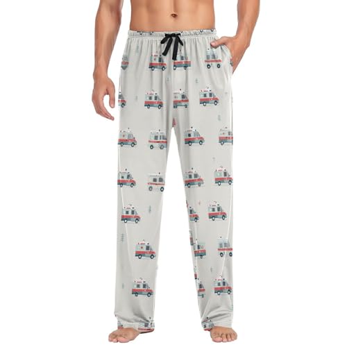 Vdsrup Men's Pajama Pants Ambulance Car Pajama Pants for Men PJs Bottoms Drawstring Pockets White Sleep Lounge Pants S3
