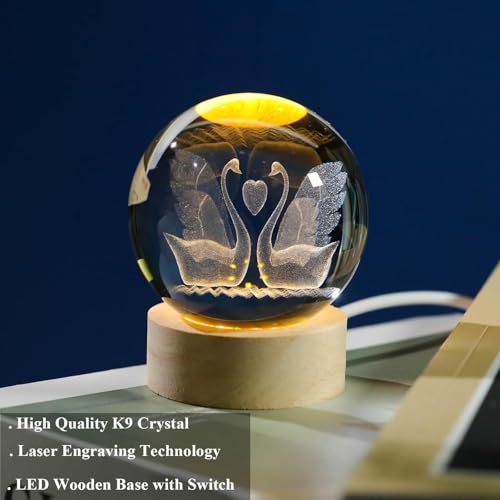 Image of 3D Flamingo Crystal Figurines with Wooden Light Base Gifts, Ball Lamp with Wooden Light Base, Ball Laser Engraved Glass Sphere Home Decor (Flamingo)