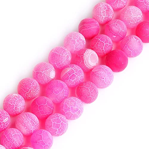 45pcs 8mm Fuchsia Frosted Agate Beads Unpolished Cracked Matte Round Loose Gemstone Beads for Jewelry Making DIY Bracelet Necklace