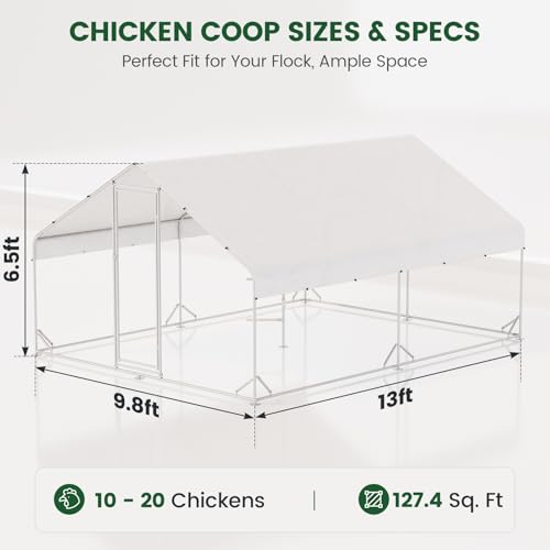 Large Walk-in Metal Chicken Coop with Chicken Run & Hardware Cloth, Solar Light, Waterproof & UV-Resistant Cover, Outdoor Poultry Cage for Farm Use,2 Room