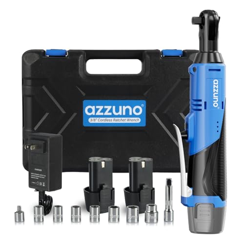 AZZUNO 3/8' Electric Ratchet Wrench Set 30 Ft-lbs Cordless Ratchet Wrench 300 RPM Power Ratchet Tool Kit with 2 x 2000mAh Lithium-Ion Battery, Fast Charger, 7 Sockets and 3' Extension Bar