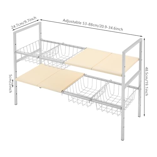 Organizador Bajo Fregadero 2 Niveles Ajustable 20.9-34.6 Pulgadas, Estante de Acero Inoxidable con 4 Canastas, Blanco Crema miniatura 2