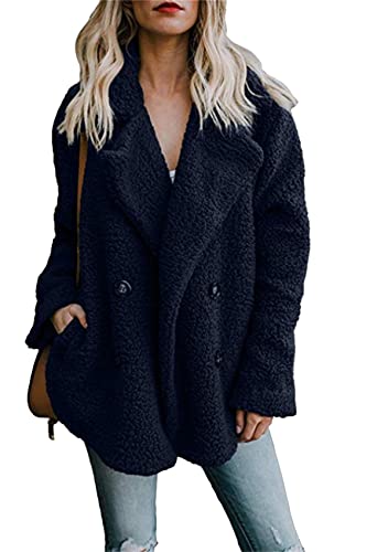 YMING Giacche In Pile Da Donna Con Risvolto Casual Giacche a Maniche Lunghe In Tinta Unita Cappotto In Pelliccia Sintetica Soffice Blu Navy M