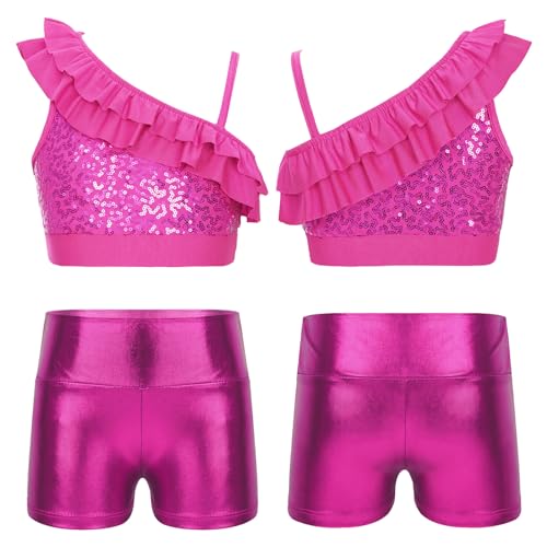 iiniim Kids Girls Gymnastics Outfit Set Hip Hop Jazz Dance Clothing Set 2-Piece Athletic Activewear Basic Tracksuit Hot Pink 8 Years
