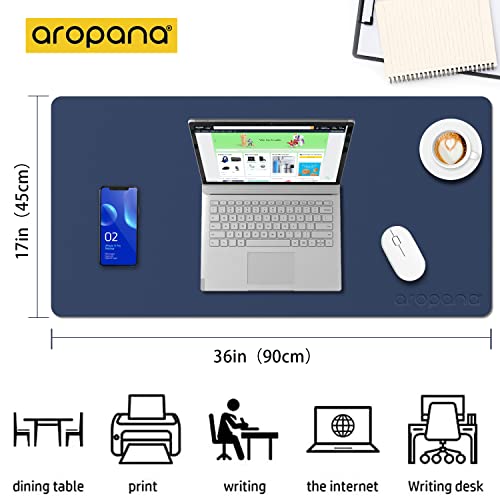 Image of AROPANA Vegan Leather Desk Mat | Large Reversible Mouse Pad & Computer Table Protector | Dual-Side Waterproof Extended Laptop Pad with Edge-Stitched Design (90x45CM, Navy Blue and Yellow)
