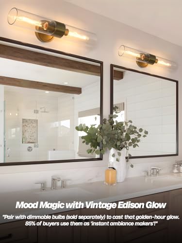 Image of Modern Wall Sconces Set of Two, Brass Gold Bathroom Light Fixtures with Handblown Clear Glass Hardwired Wall Mounted Lamp for Bathroom Vanity Bedroom Livingroom Hallway