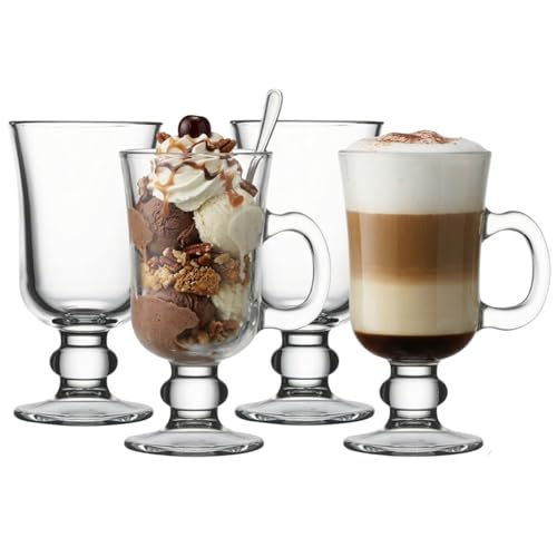 UNIQUE HOME LIVING Irish Coffee Glasses Set of 4 Latte Glasses 200ml Coffee Mugs with Handle Footed Design for Ice Cream Latte Cappuccino Hot Drinks Chocolate Espresso Cocktails