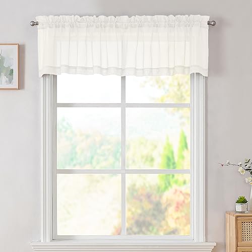 Image of Simplebrand Ivory Valances 14 Inches Long for Living Room Pocket 2 Panel Light Filtering Sheer Translucent Valence Toppers for Window Kitchen Bathroom Bedroom Ivory 42x14 Inch Length