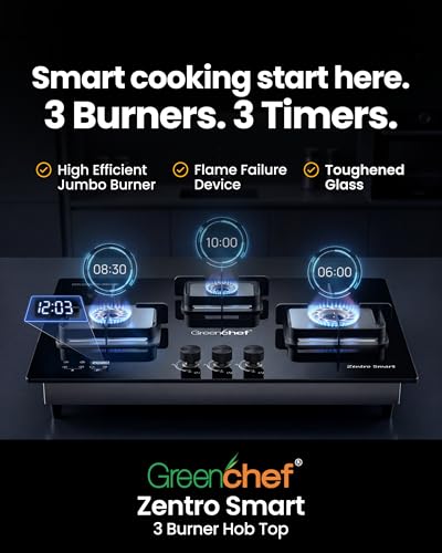 Image of Greenchef Zentro Smart Three burner Glass Hob Top| Digital timer| Featured with Flame failure| Black Color| High efficiency tornado Burners| Dual Purpose Hob(Built In Or Counter top)