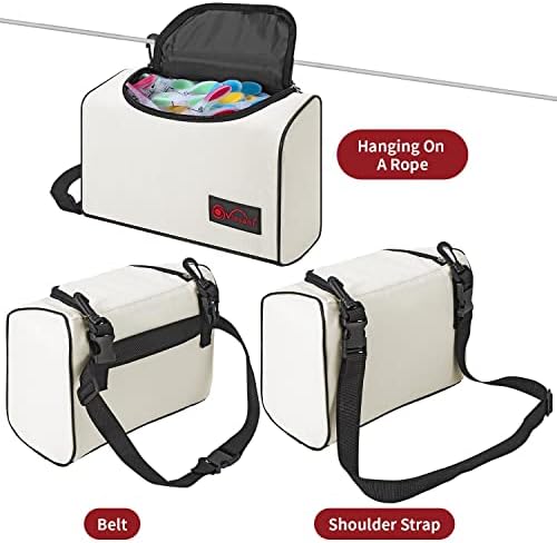 Vinsani Clothes Peg Bag Premium Zipped Waterproof Wearable Peg Storage Organiser Bag with Double Clips, Shoulder/Waist Strap Holds up to 300 Pegs Suitable for Indoor Outdoor Use  Cream White