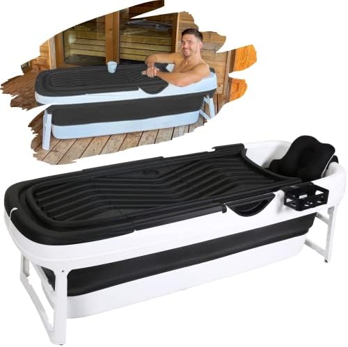 BATH BOB foldable bathtub for adults XXL BLACK (62x23.6x20.8 inch) + pillow | foldable mobile bathtub | portable folding bathtub for standing in the shower (Black)