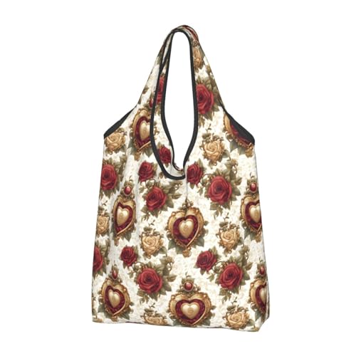 GVYGVY Bolsa grande para mujer, ligera, reutilizable, plegable, cómoda bolsa de compras con estampado de rosas rojas para comestibles, bolsas de tela, trabajo, playa, viajes, con asas