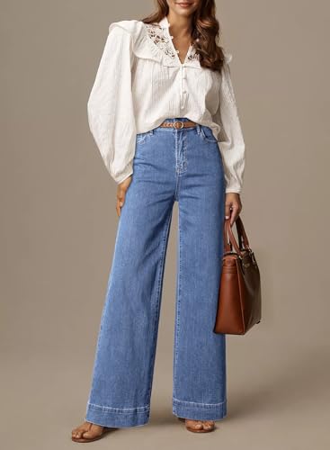 Image of Dokotoo Women's Casual High Waisted Jeans Stretch Wide Leg Loose Denim Pant