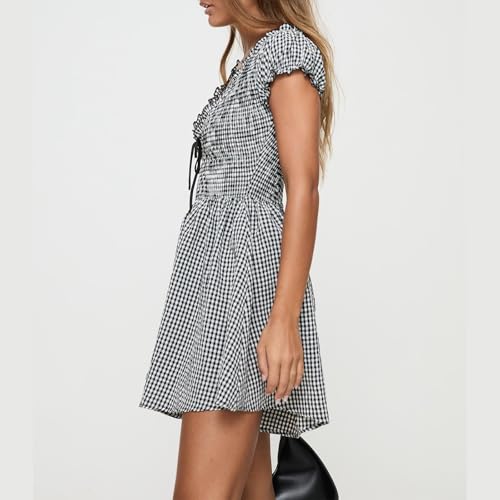 Image of Women Cute Babydoll Dress Romper Plaid V Neck Smocked Flowy Mini Romper Dress Gingham Ruffle Cap Sleeve Short Sundress