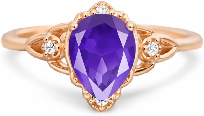 Pear Cut Amethyst Ring 14K Rose Gold with Diamond Side Stones February Birthstone Promise Engagement Jewelry Birthday Gift for Women