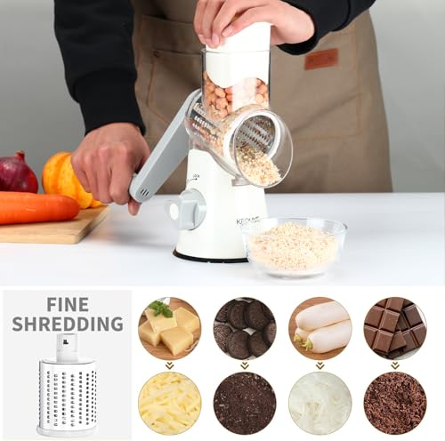 Cambom Rotary Cheese Grater Hand Crank Cheese Shredder for Fresh Cheese, Vegetable, Nuts,Non-Slip Suction Base, Free Cleaning Brush Three Blades, White by Cambom - Image 4