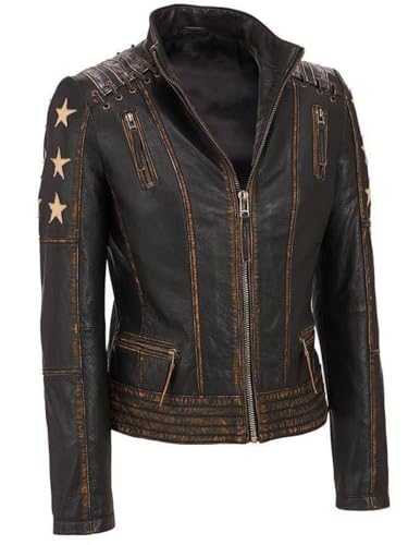 ZM ATTIRE Chaqueta de motociclista de cuero vintage para hombre, hecha a mano, traje de Halloween desgastado, Negro - Chaqueta para mujer, S