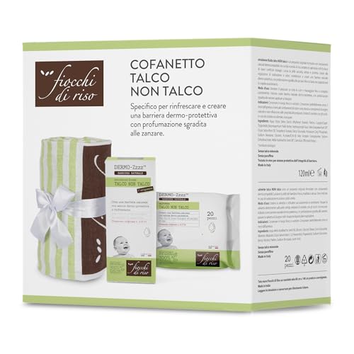 Fiocchi di Riso - COFANETTO TALCO - Kit specifico per rinfrescare e creare una barriera dermo-protettiva con profumazione sgradita alle zanzare. Talco NON Talco emulsione e salviettine - IDEA REGALO