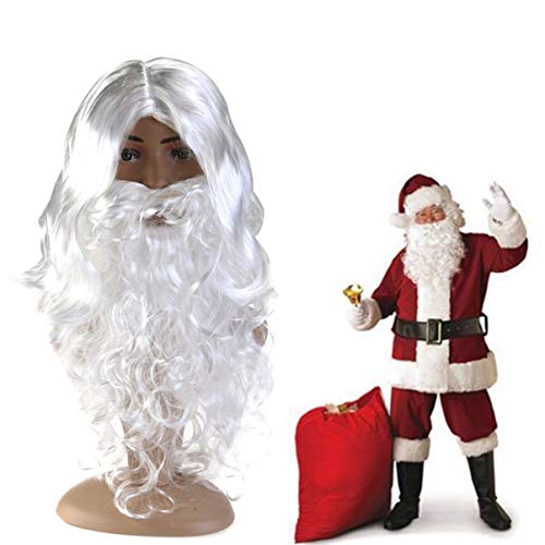 FAVOMOTO Santa Beard and Wig Set White, Thick Funny Santa Christams Costume Accessories Santa Mustache for Men Women Professional Set