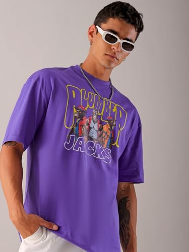 Image of The Indian Garage Co Men Cotton Oversized Graphic Back Printed Round Neck Tshirt