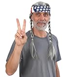 Costume Adventure Gray Braided Hippie Wig for Men Grey 60s Hippie Dude Wig With Hippy American Flag Headband - One Size