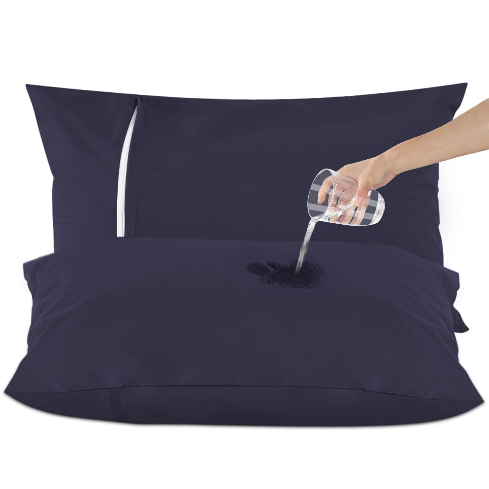 DUJUIKE Waterproof Zippered Pillow Protectors Pack of 2, Waterproof Pillow Protectors, Super Soft, Breathable, Noiseless (Dark Navy, 40 x 80 cm (2 Pack))