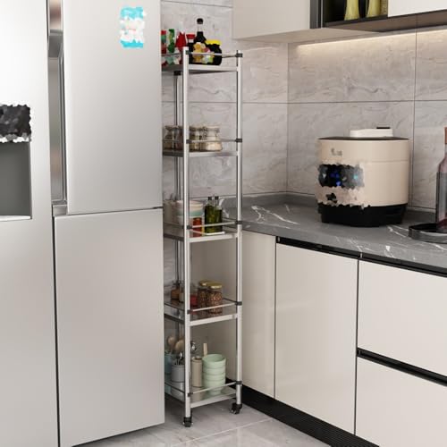 Image of 5-Tier Stainless Steel Utility Cart with WheelsKitchen Work Table Pot and PanHeavy-Duty Metal Storage Rack 40 x 32 x 84 cm Ideal for Home and Restaurant,Silber-23.6X8.7X59.3IN