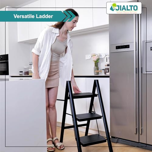Image of JIALTO 3 Step Metal Ladder for Home, Foldable Lightweight Stepping Stool with Wide Pedals, Anti Slip Heavy Duty 150 Kg Capacity, Portable for Kitchen, Office & Library (Matte Black)