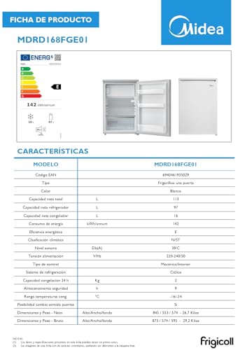 Midea Nevera pequeña 113L con Congelador - Mini frigorífico pequeño para la Habitación/Caravana/Camping - Mini Bar Bajo Consumo - Frigorifico Bajo Encimera Silencioso 39dB + Congelador -16º/-24º - imagen 10