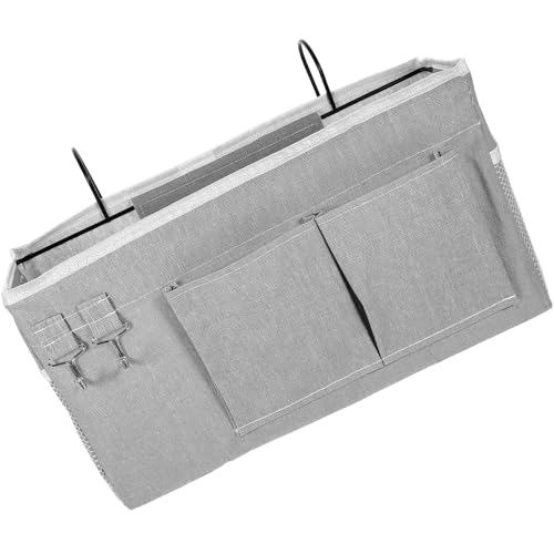 SMASOLO Bolsa Colgante para Mesilla de Noche Grande en Tela y Hierro Gris Organizador de Almacenamiento para Dormitorio Organizador Colgante para Cama Gran Capacidad y Uso Práctico