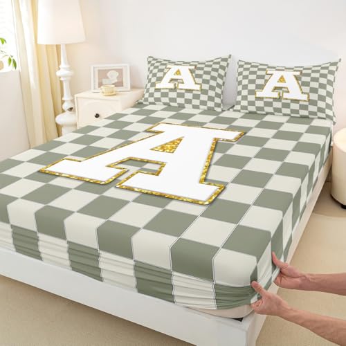Image of Erosebridal Sage Green Checkered Bed Sheets Queen Plaid Initial A Sheet Set Personalized Monogram Bedding Set for Kids Boys Girls,Fashion Grids Gingham Fitted Flat Sheets 4 Piece
