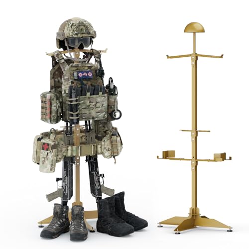 BUYYAH Tactical Gear Stand, Heavy Duty Tactical Gear Support Stand Helmet Vest Belt Rack, Tactical Vest Stand, Hold Up To 85 lbs, Tan