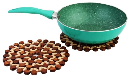 Image of Wooden Trivet for Dining Table - Bamboo Heat Resistant Pad with Anti-Slip Grip Mats, Round Hot Pot Holder and Pan Stand for Kitchen Countertop Protection (Flower Design 6 pcs, Pack of 6)
