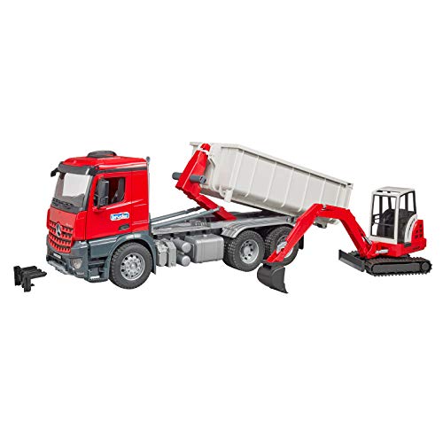 bruder Mercedes Benz Arocs Truck with Roll-Off Container and Schaeff HR16 Mini Excavator