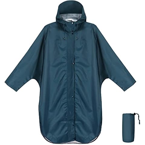 Anyoo Waterproof Rain Poncho Raincoat with Hood and Sleeves, Lightweight&Windproof Rainwear Rain Jacket for Women and Men, Sea Blue, One Size Cover