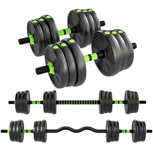 SPORTNOW Set di Manubri Palestra Regolabili 3 in 1 da 30 kg, Pesi Palestra con Impugnatura Antiscivolo in Plastica e Sabbia, come 2 Manubri, Bilanciere Palestra, Allenamento Forza Fitness Casa, Verde