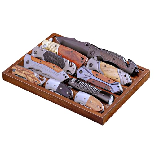 Image of Large Pocket Knife Organizer & Display Holder, Wooden EDC Tray for Folding Knives, Flashlights & Challenge Coins (Walnut, 1 Pack)
