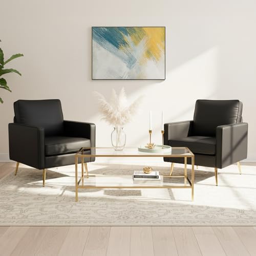 VINGLI Modern PU Leather Accent Chairs Set of 2, Single Sofa Chair with Pocket Coil Seat, Metal Backrest & Solid Wood Frame, Upholstered Armchair for Living Room, Bedroom or Office