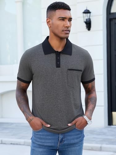 Image of Men's Casual Polo Shirts Summer Short Sleeve Contrast Collar Buttoned Tee Polo Shirt with Pocket