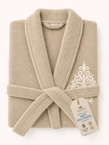 Image of RANGOLI Royal Bamboo Premium Bathrobe For Women | Ultra Soft Bamboo Yarn Lightweight Bathing Robes | 460 GSM Highly Absorbent & Quick Drying Luxurious Bath Gown | Knee Length Bath Robe - Beige