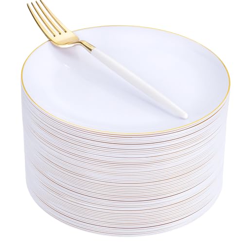 LIYH 96 Pcs White Gold Dessert Plates with Dessert Forks, 48 Plates and 48 Forks, Gold Cake Appetizer Plastic Disposable Plate for Tea Parties, Birthdays, Wedding