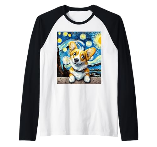 Van Gogh Corgi Art Starry Night Dog Cute Corgi Lover Raglan Baseball Tee