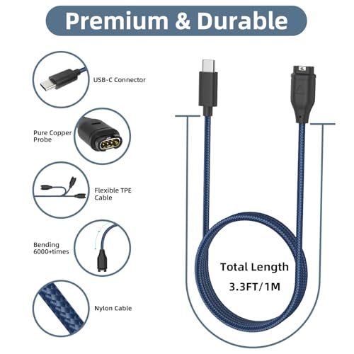 Cable de carga de nailon USB-C para reloj Garmin de un metro negro 3