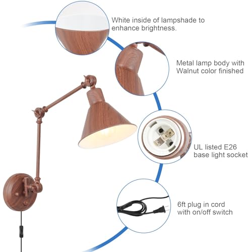 Image of TRLIFE Wall Sconce Plug in, Dimmable Wall Sconce with Switch Swing Arm Wall Lights Plug in Wall Mounted Light Wall Sconces Lighting with 6FT Plug in Cord, E26 Base(1 Pack, Walnut Color)