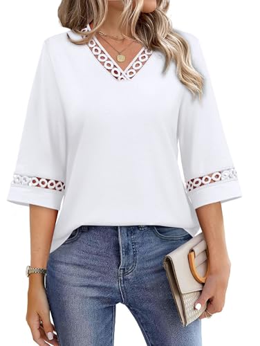 Image of WIHOLL Womens Tops Eyelet Lace V Neck 3 /4 Bell Sleeve Blouses Dressy Casual Work Shirt 2026 Summer Fall Fashion Clothing