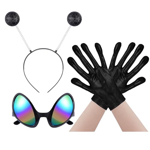 obmwang Alien Costume Accessories with Alien Headband, Glasses, Gloves for Women Men Halloween Cosplay Party Black