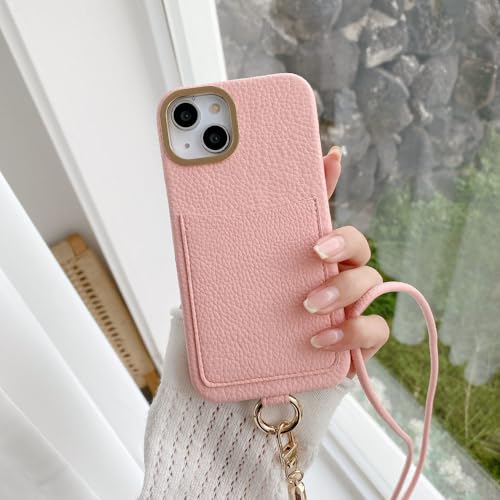 Étui de protection en cuir iPhone 15 14 13 12 11 Pro Max porte-cartes bandoulière rose