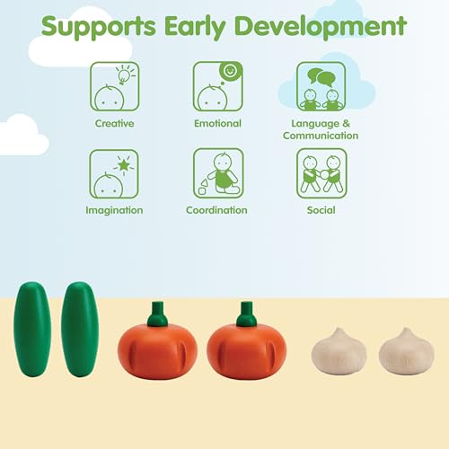 Image of PlanToys Wooden Fresh Produce Cucumbers, Onions & Pumpkins Sliceable Kids | slicing, knife, fruits and vegetables toys, pretend food, girls, boys, fine motor role play, imaginative social gift set