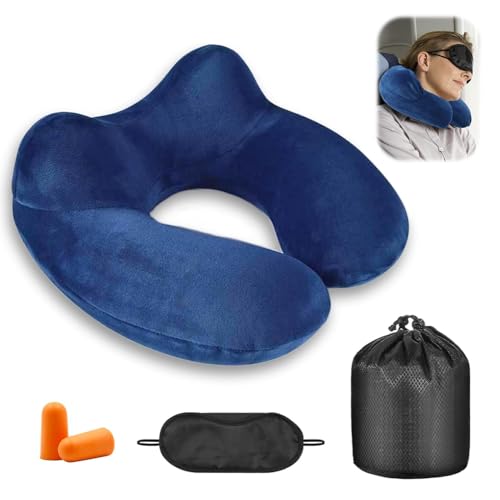 YZDZSW Inflatable Travel Pillow, Inflatable Travel Pillow Neck Pillow Kits, Ergonomic Soft Velvet Washable Pillowcase with Ear Plug Eye Mas Bag for Travel Train Car Office(Navy Blue)