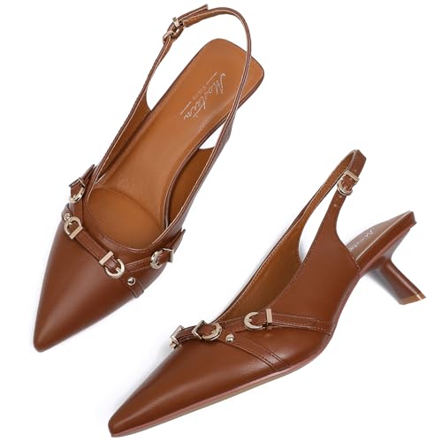 Image of Mostrin Kitten Heels for Women Pointed Toe Pumps Patent Leather Low Heel Slingback Heels with Buckle Dress Shoes for Dating Party Working